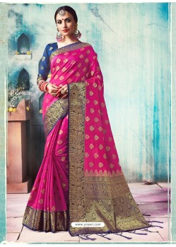 Fuchsia Silk Border Worked Designer Party Wear Saree