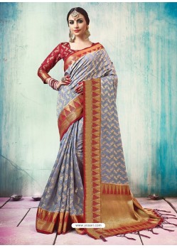 Grey Silk Border Worked Designer Party Wear Saree