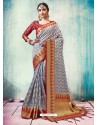 Grey Silk Border Worked Designer Party Wear Saree