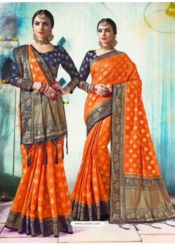 Orange Silk Border Worked Designer Party Wear Saree