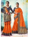 Orange Silk Border Worked Designer Party Wear Saree