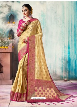 Cream Silk Border Worked Designer Party Wear Saree