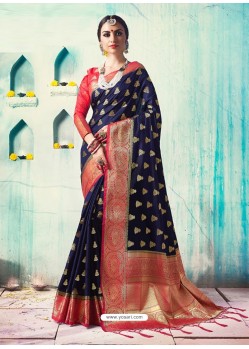 Navy Blue Silk Border Worked Designer Party Wear Saree