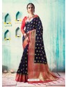 Navy Blue Silk Border Worked Designer Party Wear Saree