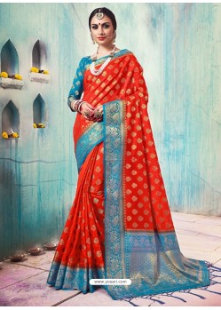 Tomato Red Silk Border Worked Designer Party Wear Saree