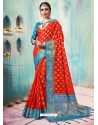 Tomato Red Silk Border Worked Designer Party Wear Saree