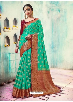 Jade Green Silk Border Worked Designer Party Wear Saree