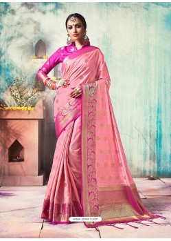 Pink Silk Border Worked Designer Party Wear Saree