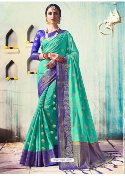 Aqua Mint Silk Border Worked Designer Party Wear Saree