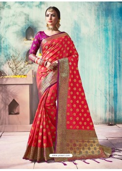 Dark Peach Silk Border Worked Designer Party Wear Saree