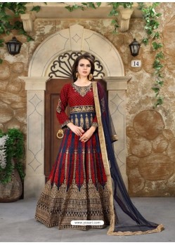 Maroon And Navy Blue Embroidered Mulberry Silk Designer Floor Length Suit