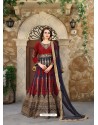 Maroon And Navy Blue Embroidered Mulberry Silk Designer Floor Length Suit