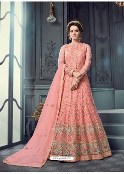 Peach Heavy Butterfly Net Designer Embroidered Anarkali Suit