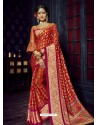 Tomato Red Chiffon Brasso Designer Party Wear Saree