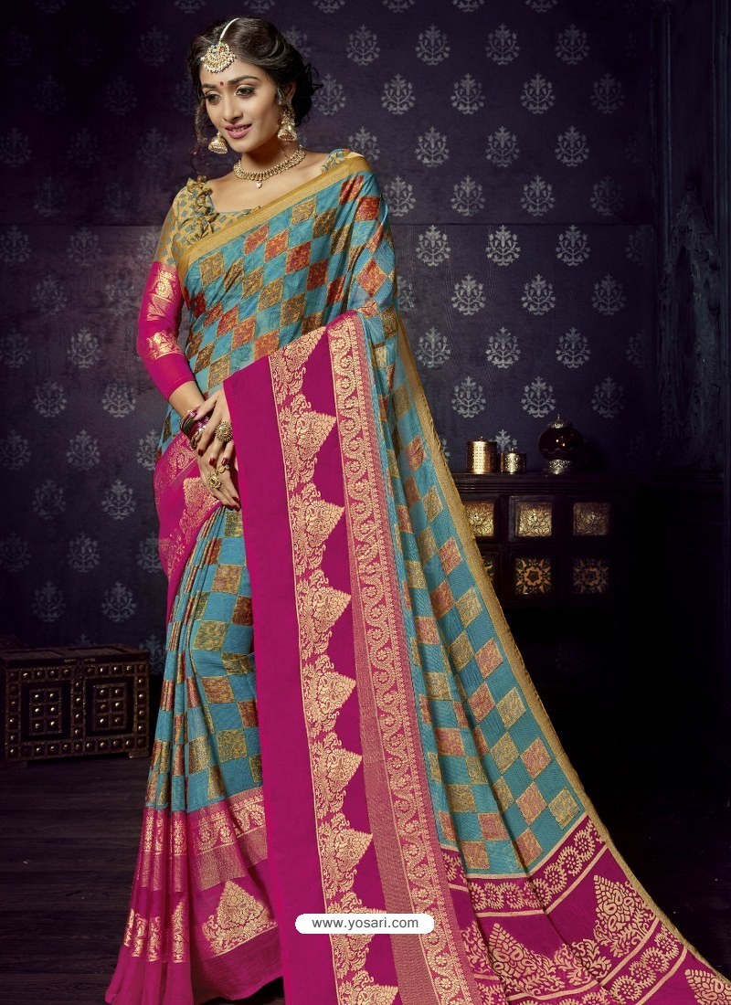 Buy Turquoise Chiffon Brasso Designer Party Wear Saree Party Wear Sarees