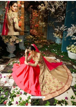 Beige And Red Tafeta Silk Zari Embroidered Designer Anarkali Suit