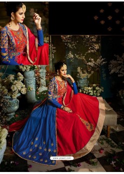 Peacock Blue And Red Tafeta Silk Zari Embroidered Designer Anarkali Suit