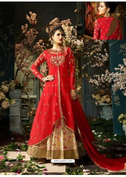 Red And Cream Tafeta Silk Zari Embroidered Designer Anarkali Suit