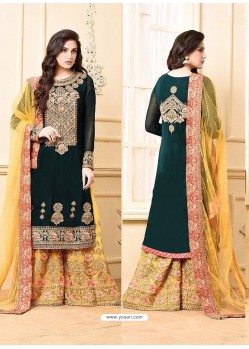 Dark Green And Yellow Georgette Heavy Embroidered Designer Sarara Suit