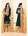 Dark Green And Yellow Georgette Heavy Embroidered Designer Sarara Suit