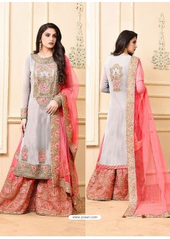 Grey And Pink Georgette Heavy Embroidered Designer Sarara Suit