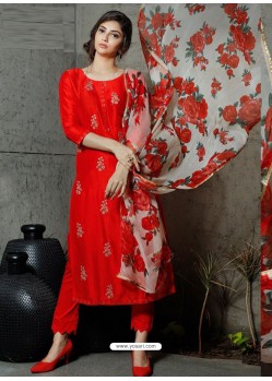 Red Pure Silk Designer Embroidered Straight Suit