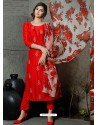 Red Pure Silk Designer Embroidered Straight Suit