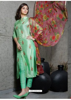 Sea Green Pure Silk Designer Embroidered Straight Suit