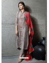 Dull Grey Pure Silk Designer Embroidered Straight Suit