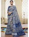 Dark Blue And Cream Printed Designer Cotton Silk Saree