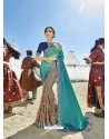 Teal And Grey Embroidered Fancy Fabric Designer Half N Half Saree