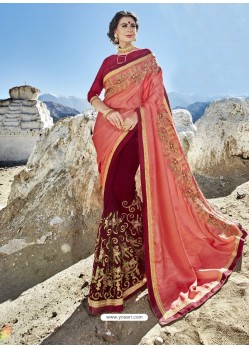 Peach And Maroon Embroidered Fancy Fabric Designer Half N Half Saree