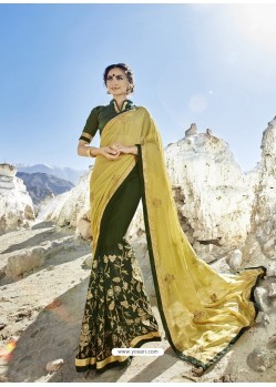 Yellow And Mehendi Green Embroidered Fancy Fabric Designer Half N Half Saree