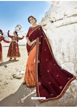 Maroon And Light Orange Embroidered Fancy Fabric Designer Half N Half Saree