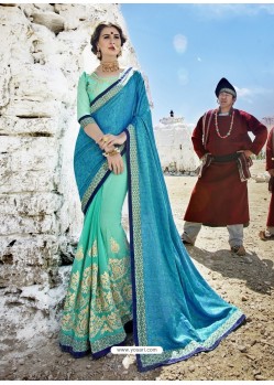 Blue And Sky Blue Embroidered Fancy Fabric Designer Half N Half Saree