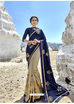 Navy Blue And Taupe Embroidered Fancy Fabric Designer Half N Half Saree