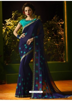 Amazing Navy Blue Cfiffon Embroidered Designer Party Wear Saree