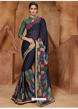 Black And Multi Colour Georgette Printed Designer Party Wear Saree