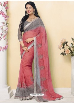 Dark Peach And Grey Cfiffon Printed Designer Party Wear Saree