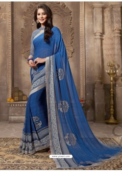 Blue Printed Georgette Designer Party Wear Saree