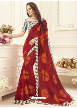 Wine Printed Georgette Designer Party Wear Saree