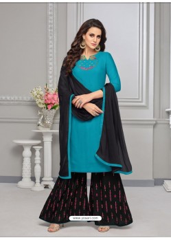 Turquoise And Black Rayon Cotton Desiigner Palazzo Suit