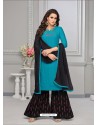 Turquoise And Black Rayon Cotton Desiigner Palazzo Suit