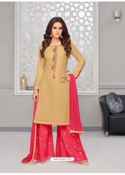 Beige And Pink Rayon Cotton Desiigner Palazzo Suit