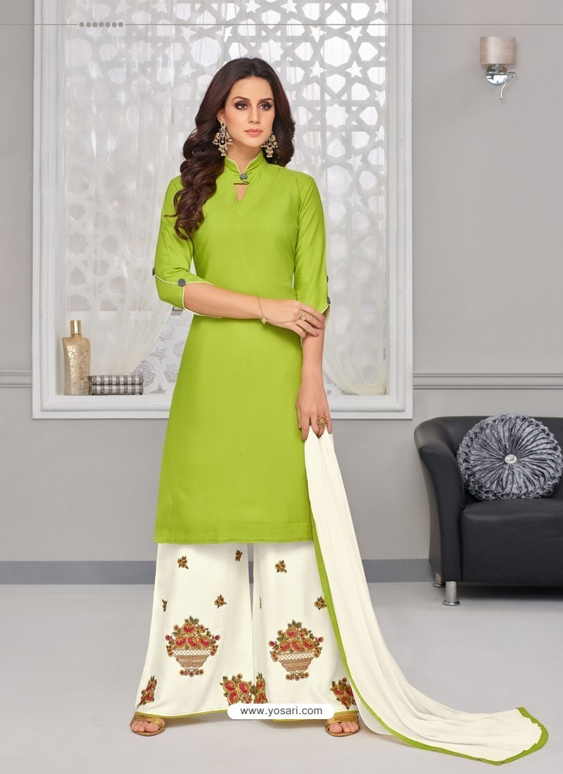 Parrot Green & Blue Cotton Embroidered & Mirror Work Salwar Suit For Women  - Mf Next Com - 3743865
