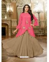 Fuchsia And Camel Satin Silk Embroidered Designer Gown