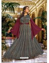 Wine And Carbon Satin Silk Embroidered Designer Gown