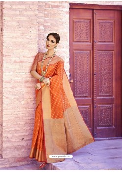 Orange Handloom Weaving Silk Designer Jacquard Saree