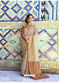 Cream Handloom Weaving Silk Designer Jacquard Saree