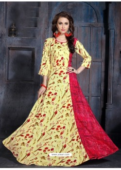 Yellow And Fuchsia Heavy Rayon Printed Readymade Kurti